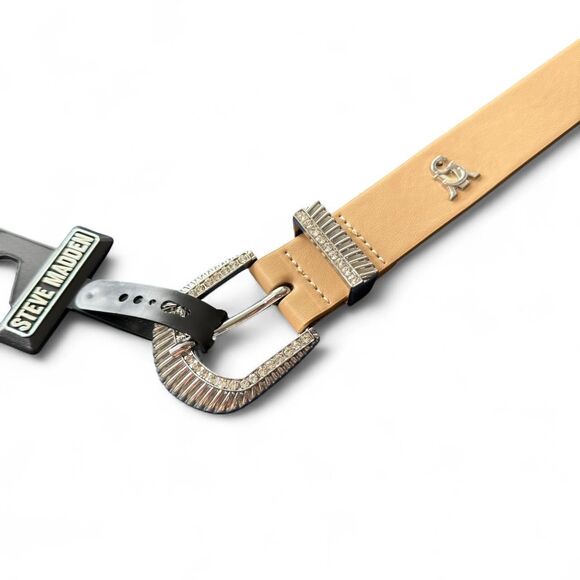 NEW Steve Madden Grunge Rhinestone Tan Belt with Silver Hardware | NWT - Picture 2 of 5